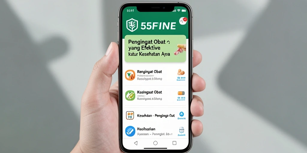 Antarmuka pengguna 55FIVE menampilkan pengingat obat dengan jelas dan mudah dipahami.